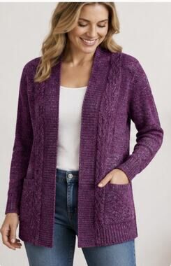 Dana Buchman Womens XL Purple Marled Cable Knit Open Front Cardigan Sweater